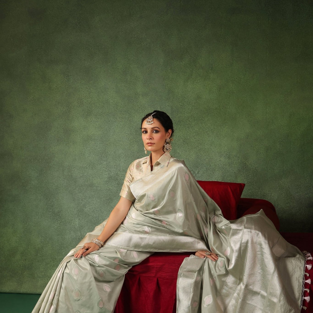 Naghma | Handwoven Pista Green Banarasi Katan Silk Saree