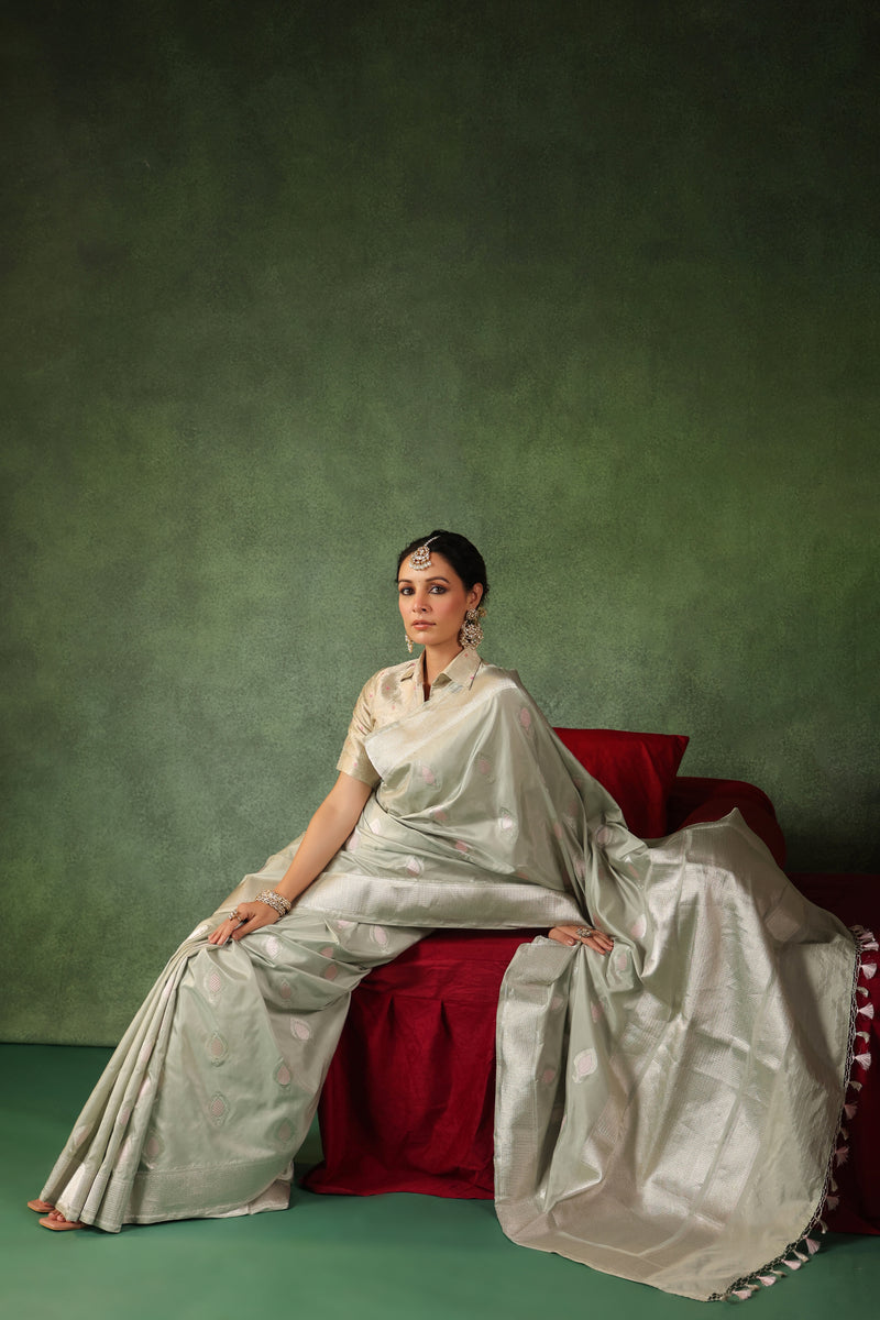 Naghma | Handwoven Pista Green Banarasi Katan Silk Saree