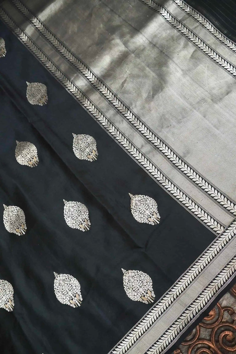 Handwoven Black Banarasi Mushru Silk Saree