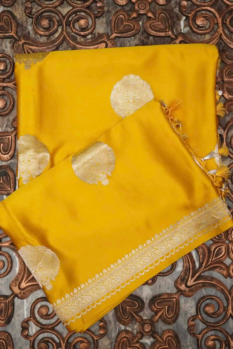 Handwoven Yellow Banarasi Mushru Silk Saree