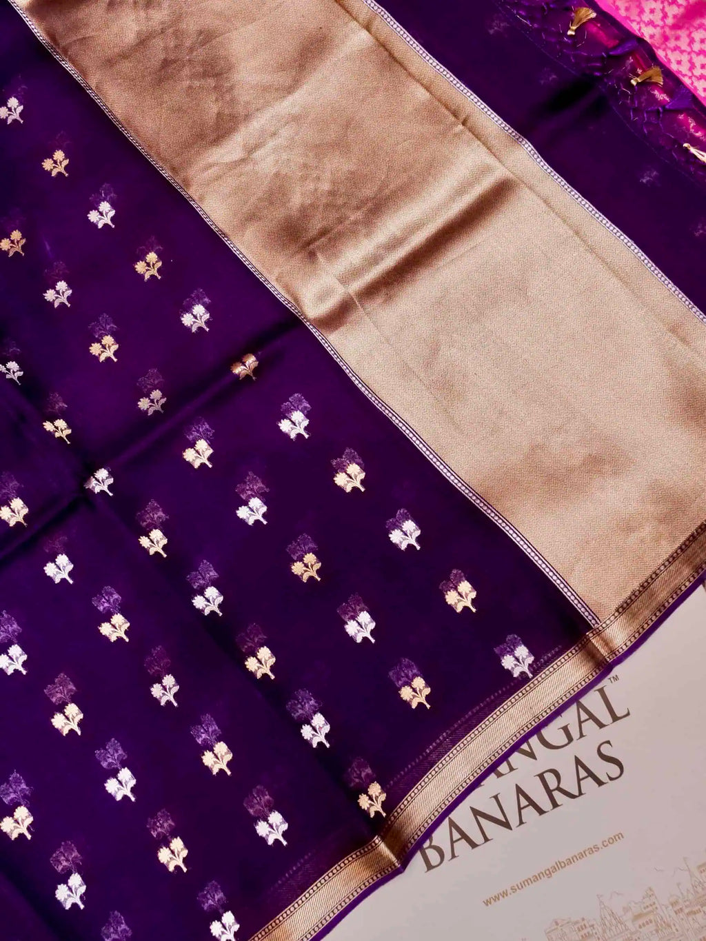 Handwoven Violet Banarasi Kora Silk Saree