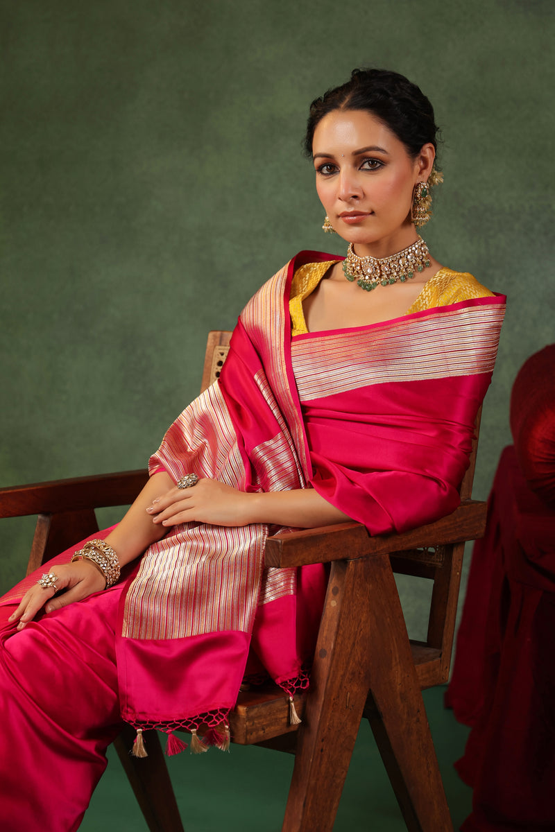 Rang | Handwoven Reddish Pink Banarasi Katan Soft Silk Saree
