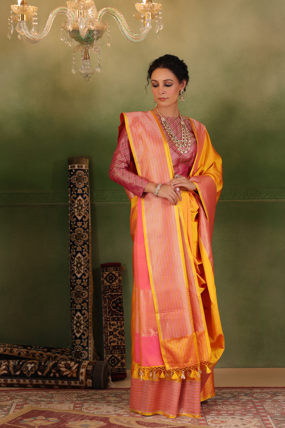 Phool | Handwoven Yellow Banarasi Mashru Silk Saree