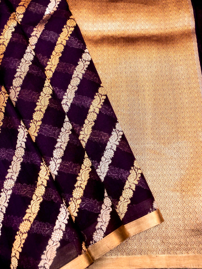 Handwoven Navy Blue Banarasi Kora Organza Silk Saree
