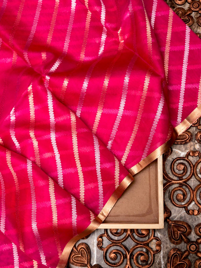 Handwoven Bright Pink Banarasi Kora Organza Silk Saree