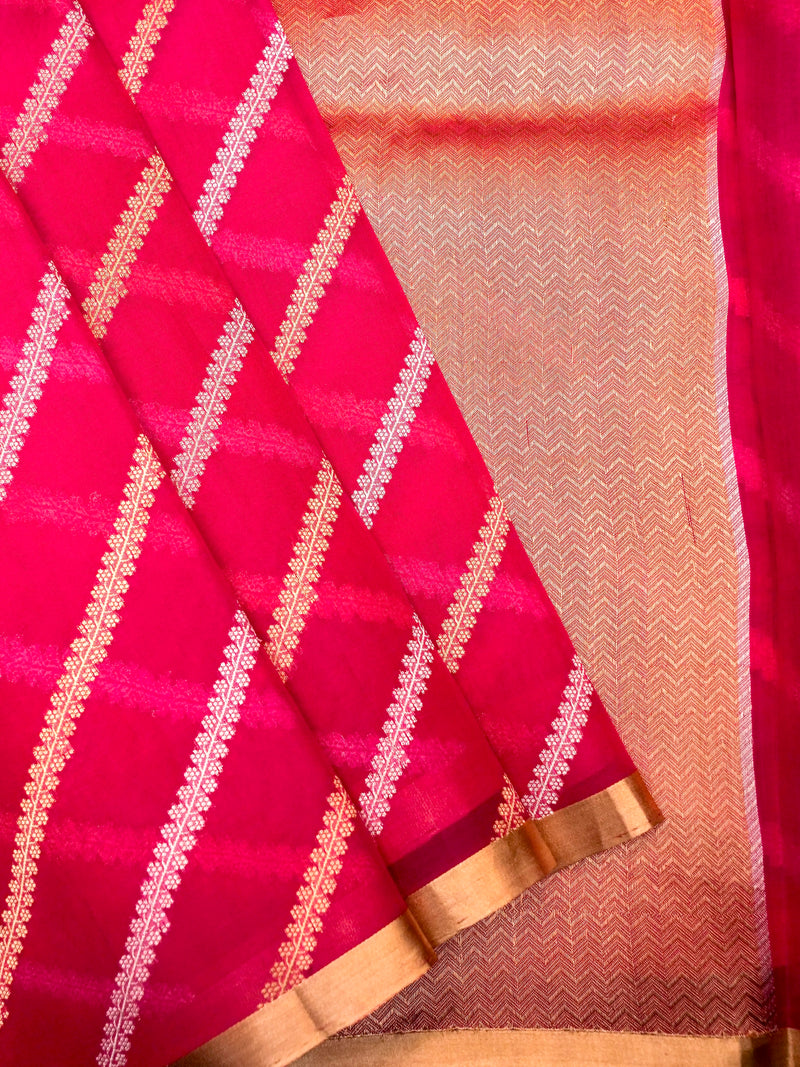 Handwoven Bright Pink Banarasi Kora Organza Silk Saree