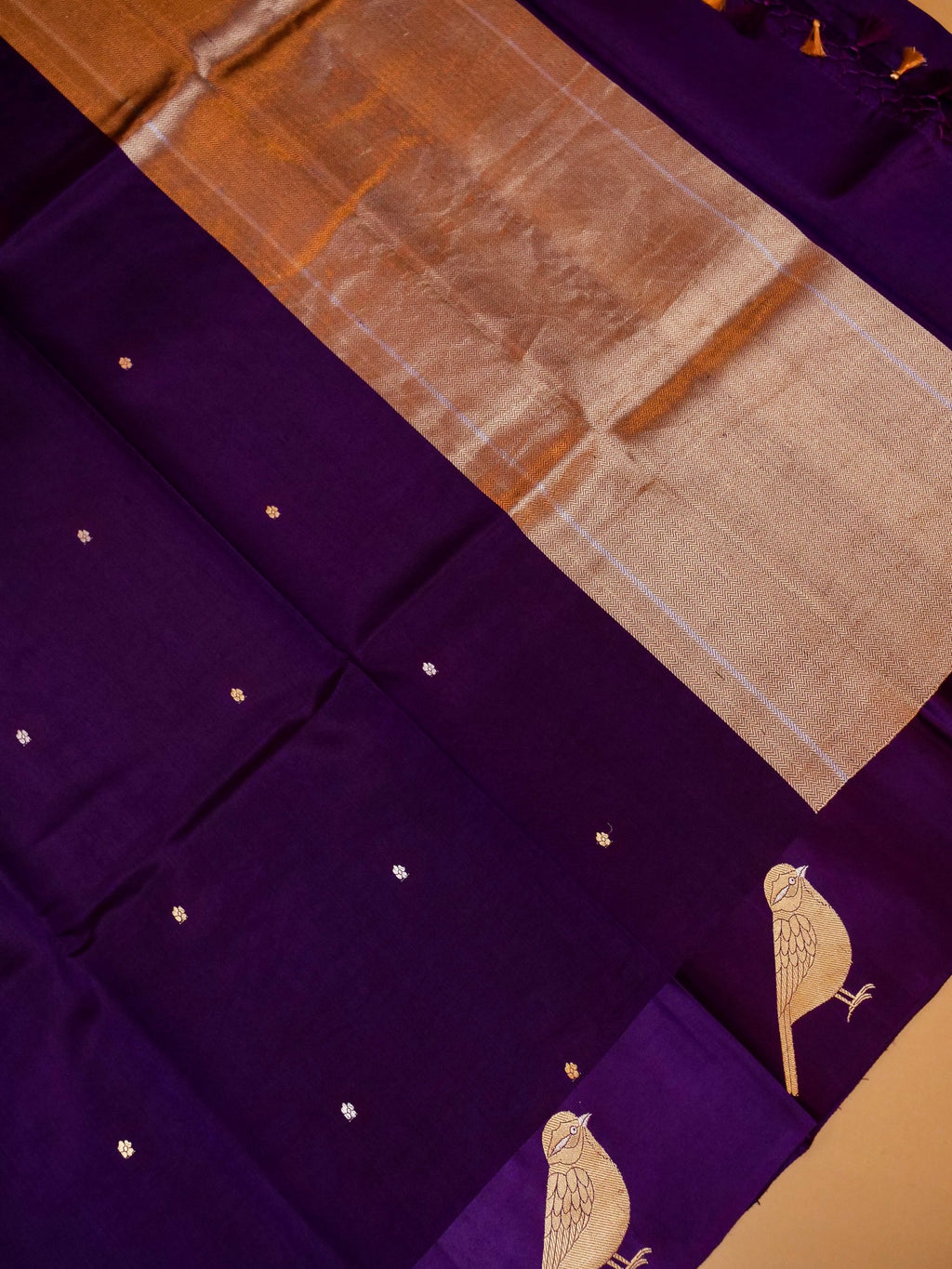 Nita Ambani Inspired Bird Motif Handwoven Violet Banarasi Katan Soft Silk Saree