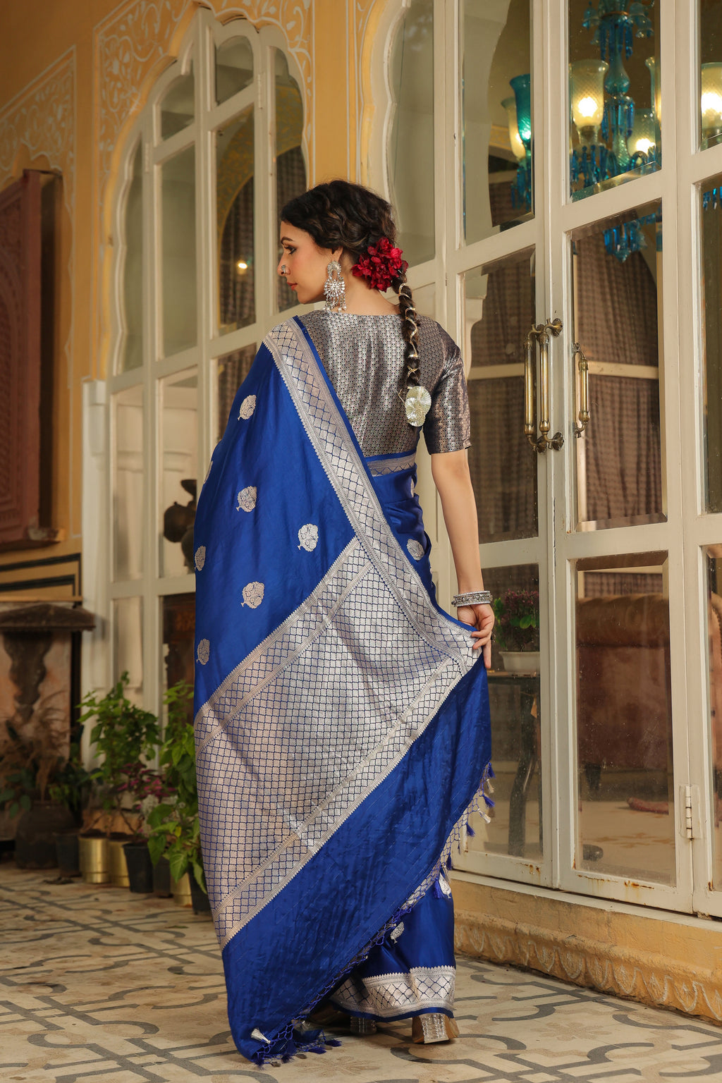 Handwoven Teal Blue Banarasi Mashru Silk Saree