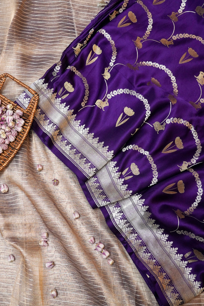 Handwoven Purple Banarasi Mashru Silk Saree