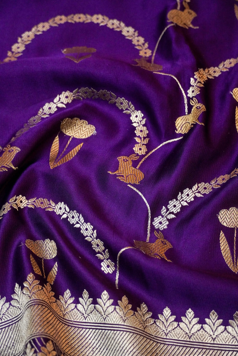 Handwoven Purple Banarasi Mashru Silk Saree