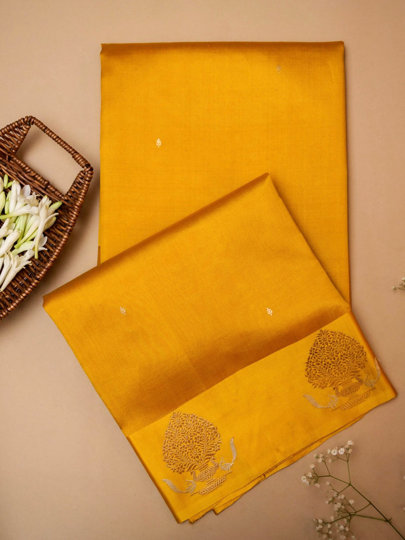 Handwoven Yellow Banarasi Katan Soft Silk Saree