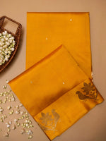 Handwoven Yellow Banarasi Motif Katan Soft Silk Saree