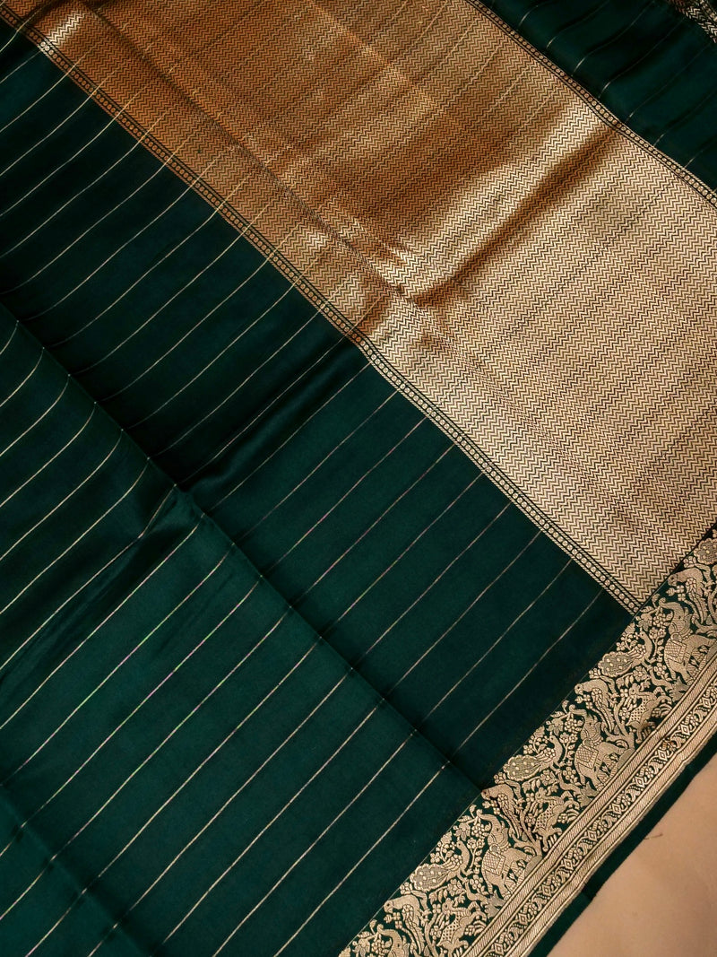 Handwoven Dark Green Banarasi Motif Katan Soft Silk Saree