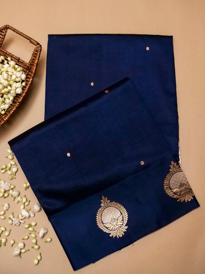 Handwoven Dark Blue Banarasi Motif Katan Soft Silk Saree