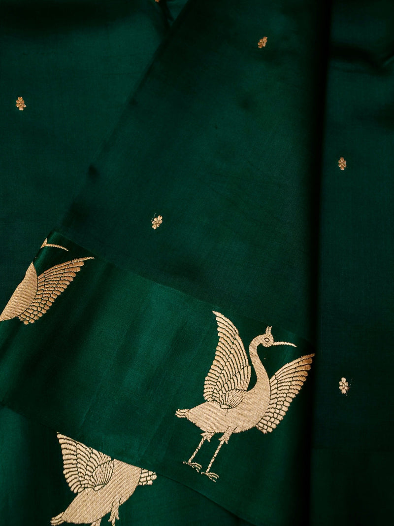 Handwoven Dark Green Banarasi Motif Katan Soft Silk Saree