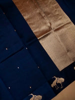 Handwoven Navy Blue Banarasi Motif Katan Soft Silk Saree