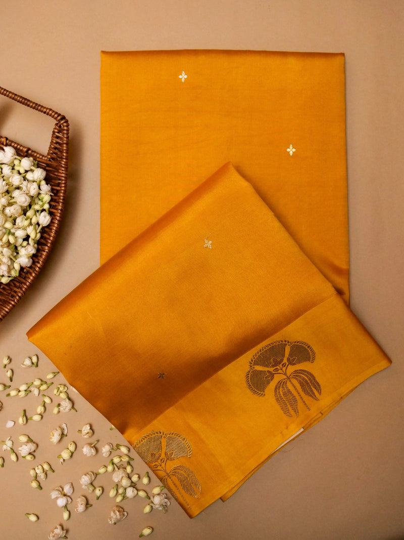 Handwoven Yellow Banarasi Motif Katan Soft Silk Saree