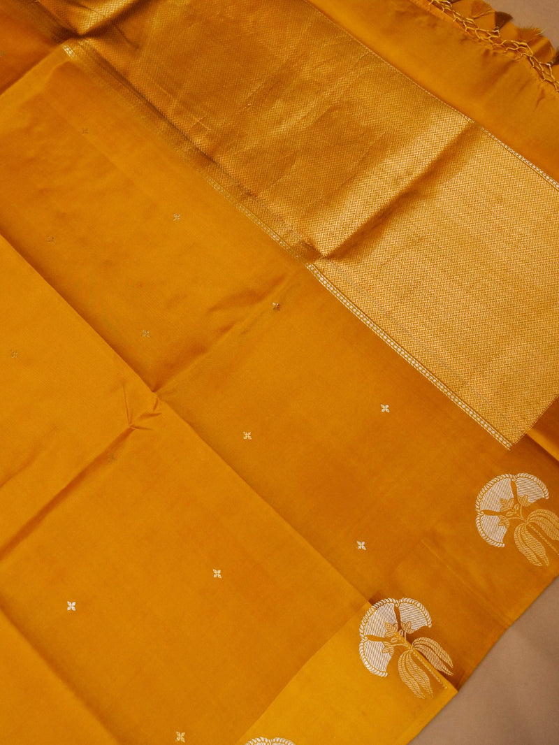 Handwoven Yellow Banarasi Motif Katan Soft Silk Saree