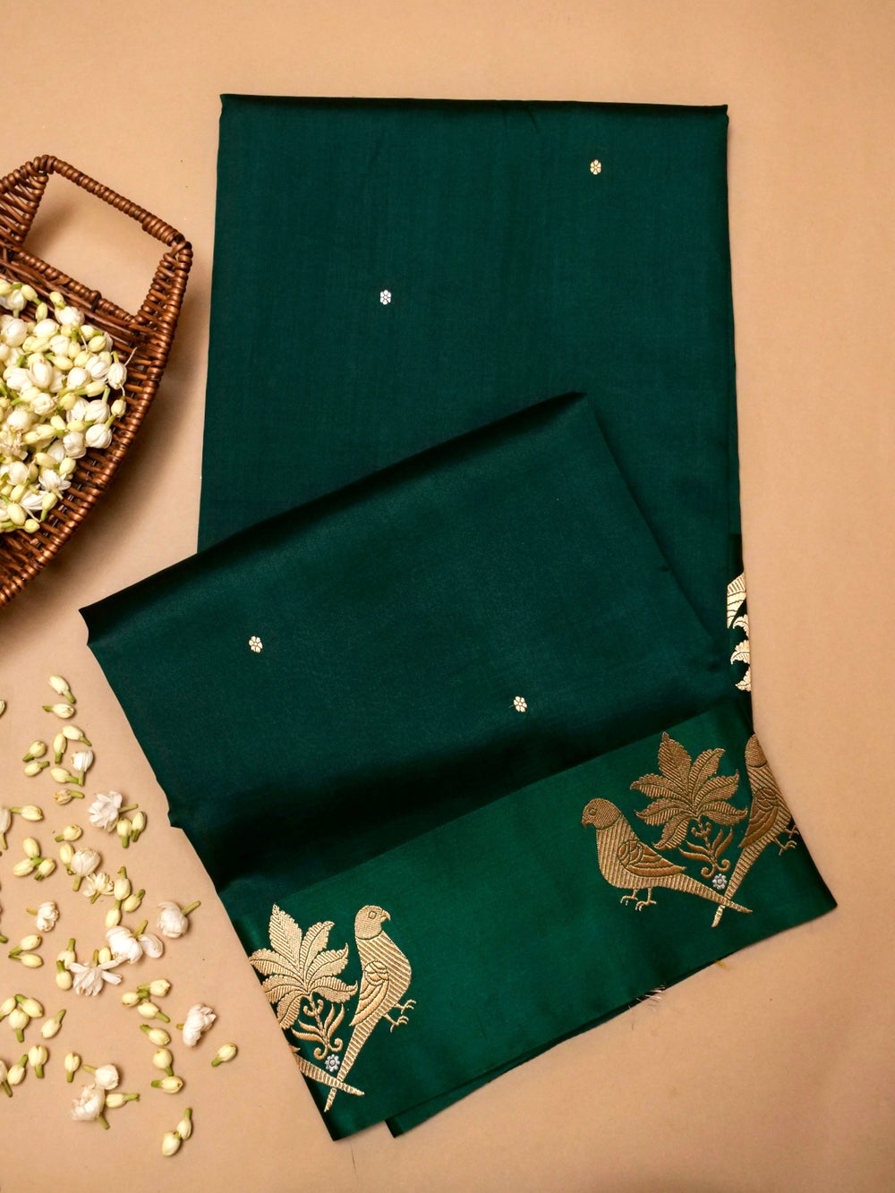 Handwoven Dark Green Banarasi Motif Katan Soft Silk Saree