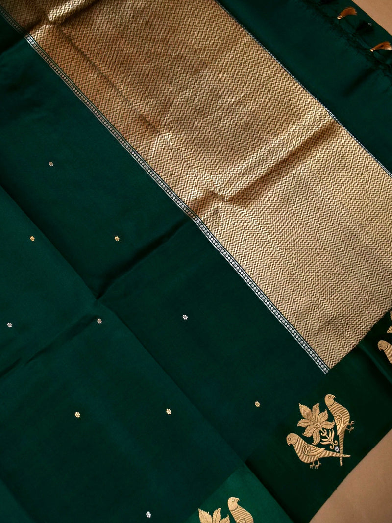 Handwoven Dark Green Banarasi Motif Katan Soft Silk Saree