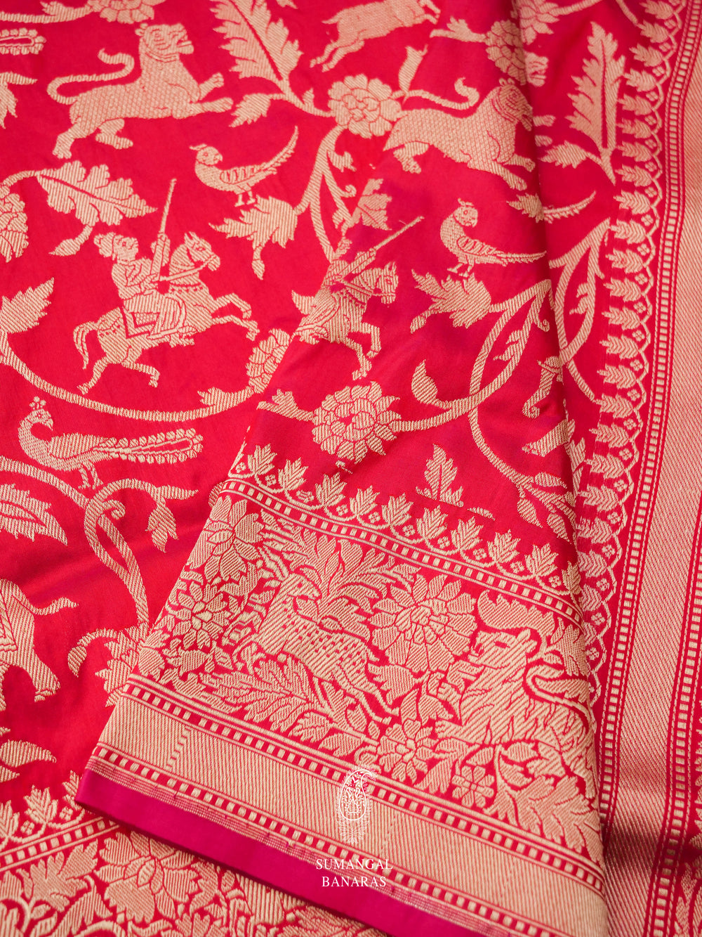 Handwoven Bridal Red Shikargaah woven Katan Silk Saree