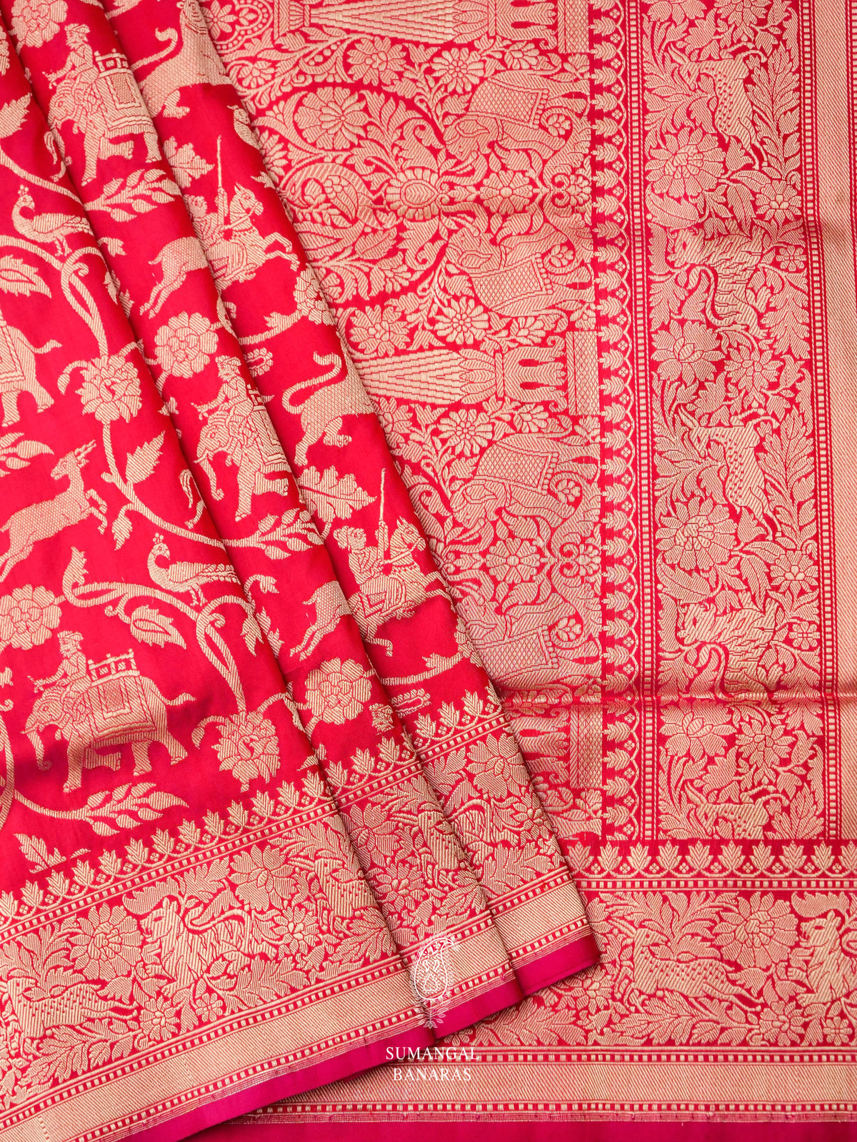 Handwoven Bridal Red Shikargaah woven Katan Silk Saree