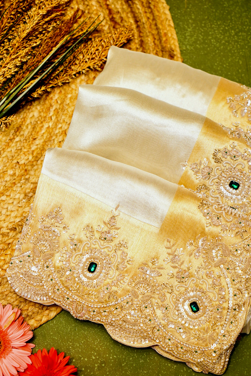 Designer Golden Silver Tissue Silk Saree