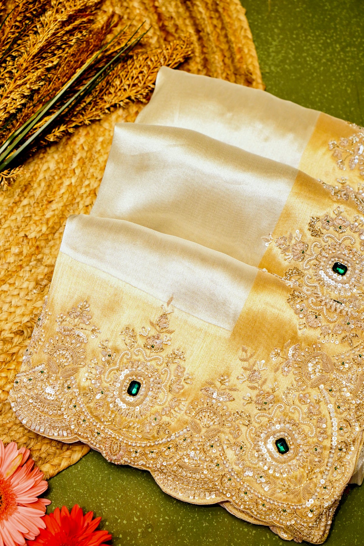 Designer Golden Silver Tissue Silk Saree