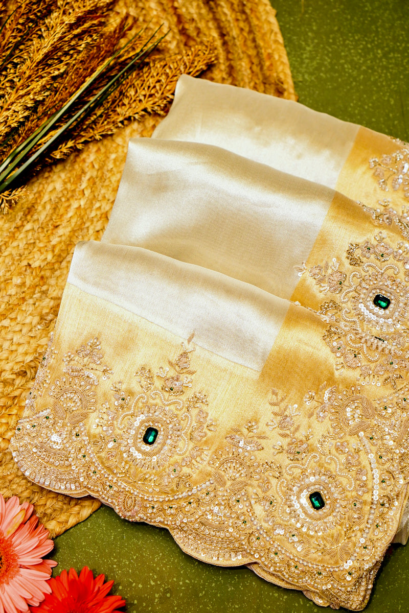 Designer Golden Silver Tissue Silk Saree