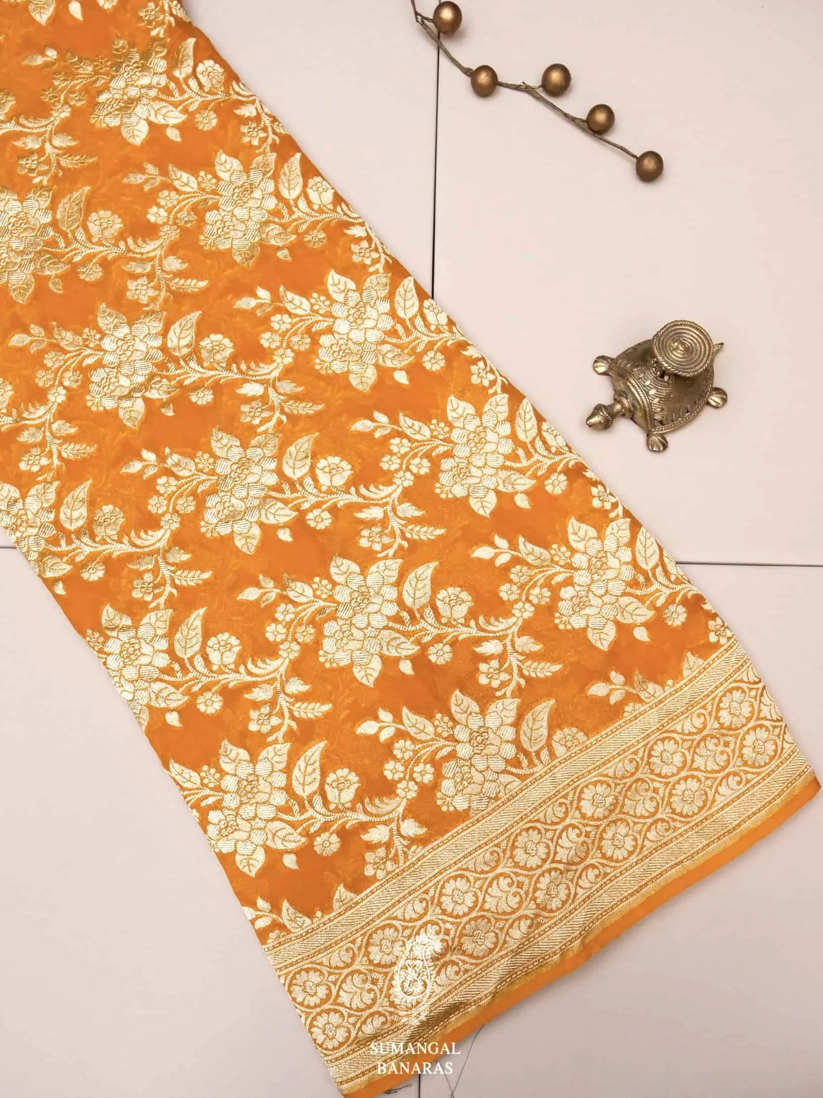 Orange Pure Organza Banarasi Saree | Koselly