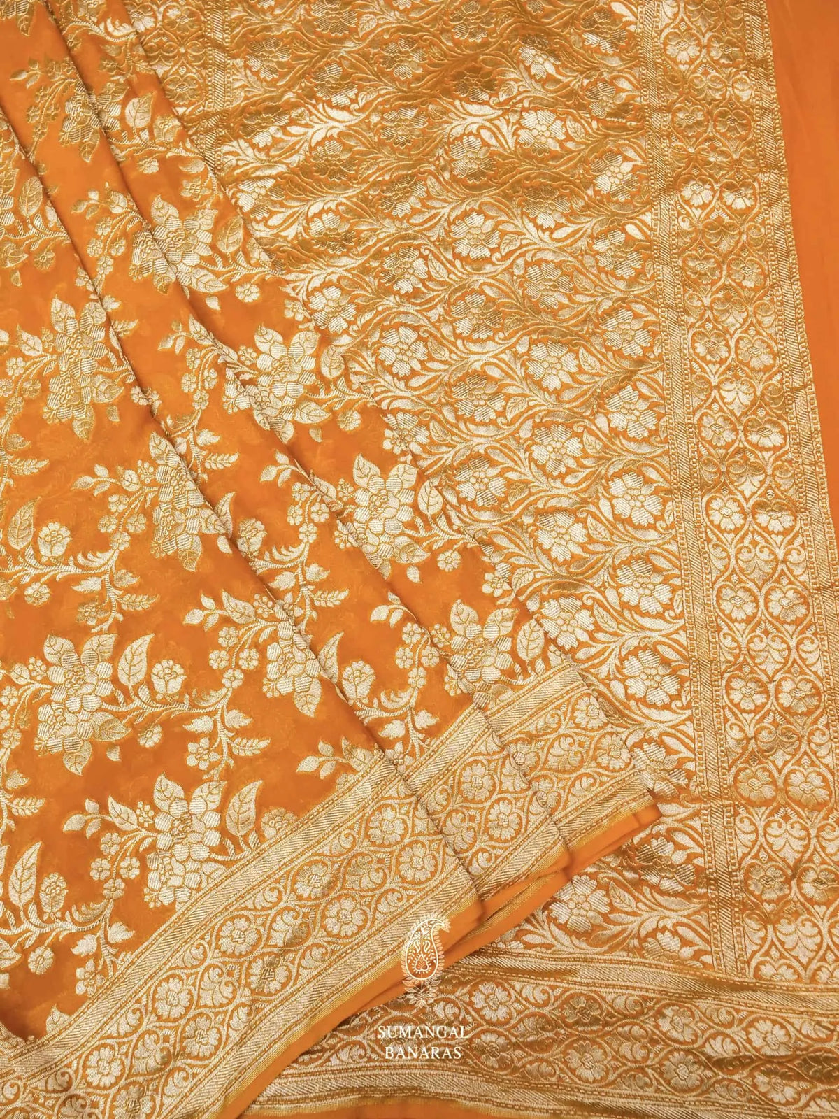 Handwoven Orange Banarasi Khaddi Georgette Silk Saree