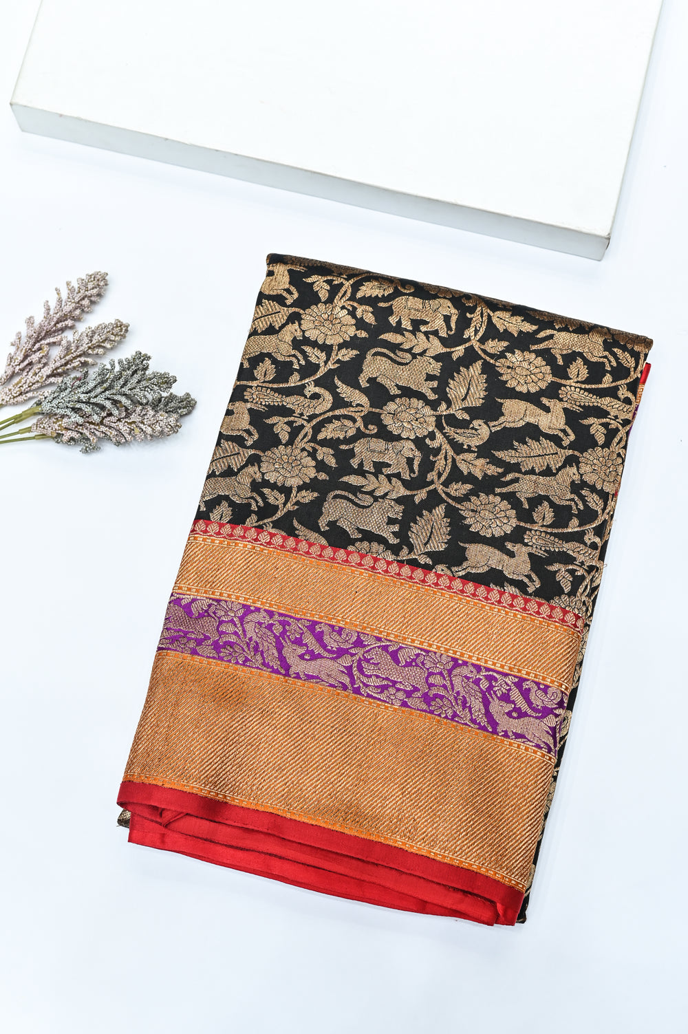 Handwoven Black Shikargah Banarasi Katan Silk Saree