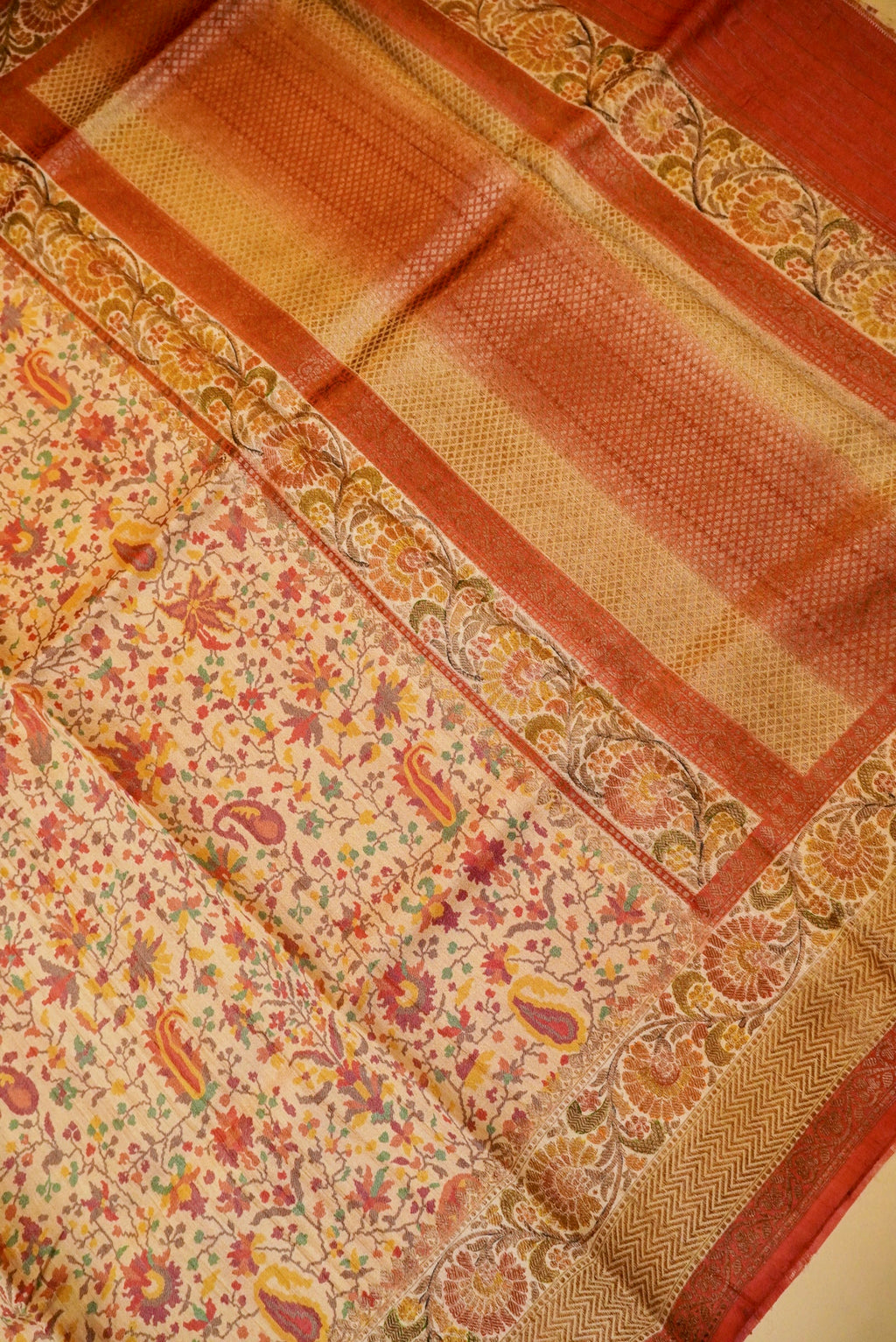 Handwoven Beige Banarasi Tussar Silk Saree