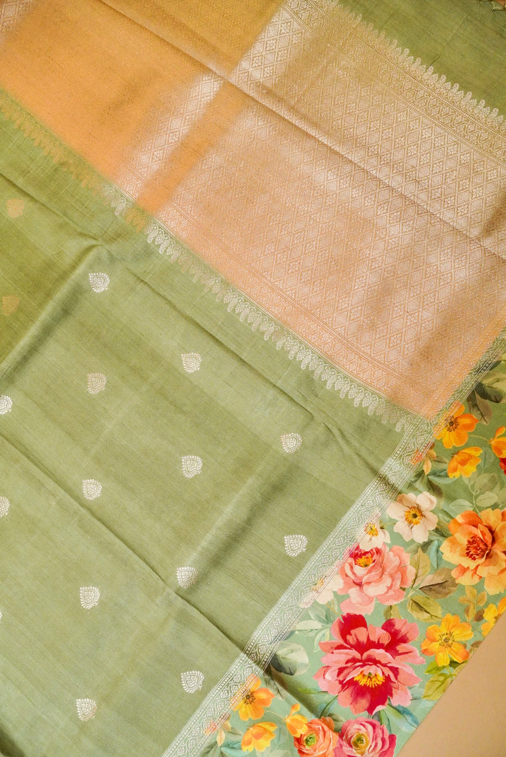 Handwoven Pastel Green Banarasi Tussar Silk Saree