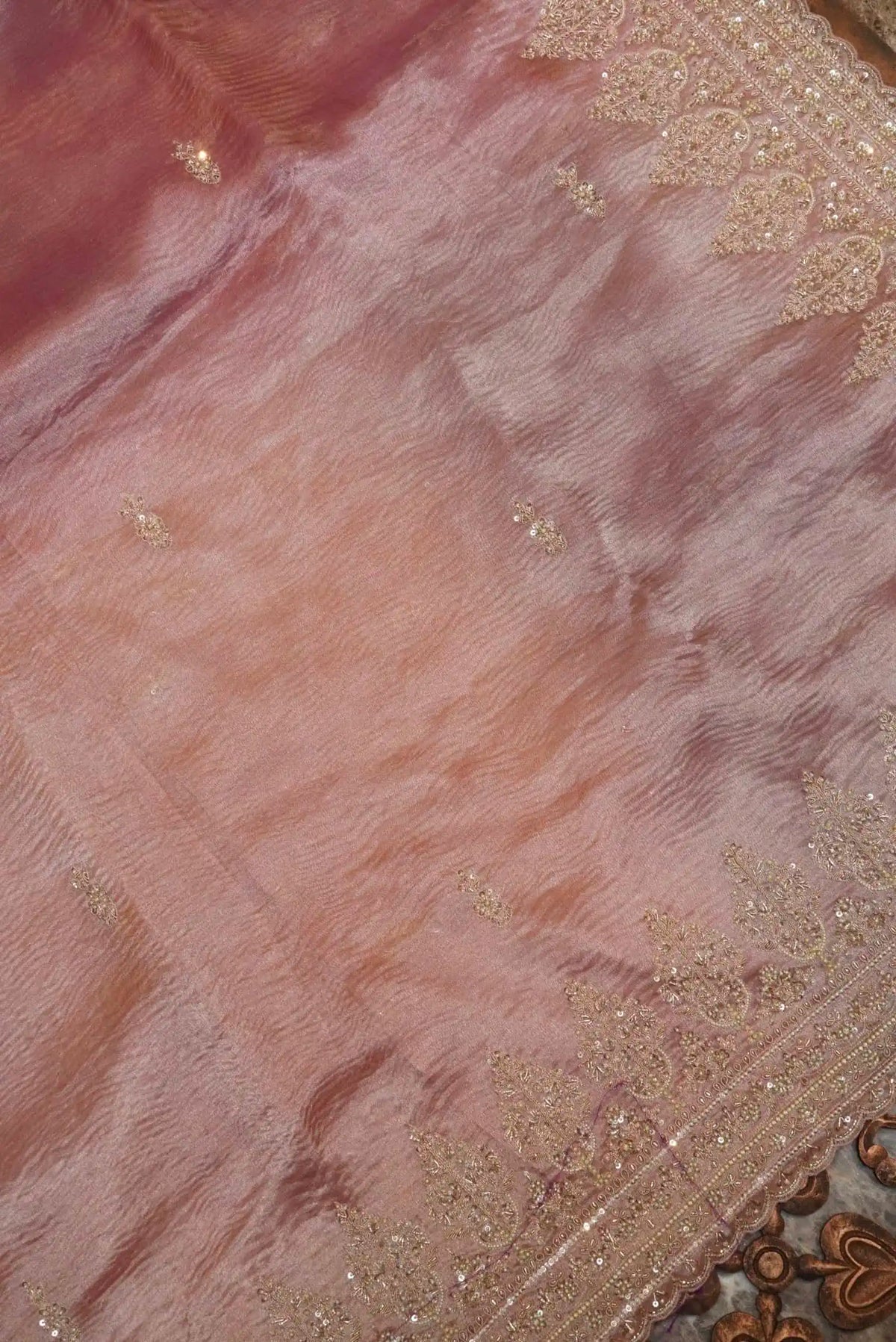 Designer Peach Crush Tissue Silk Saree