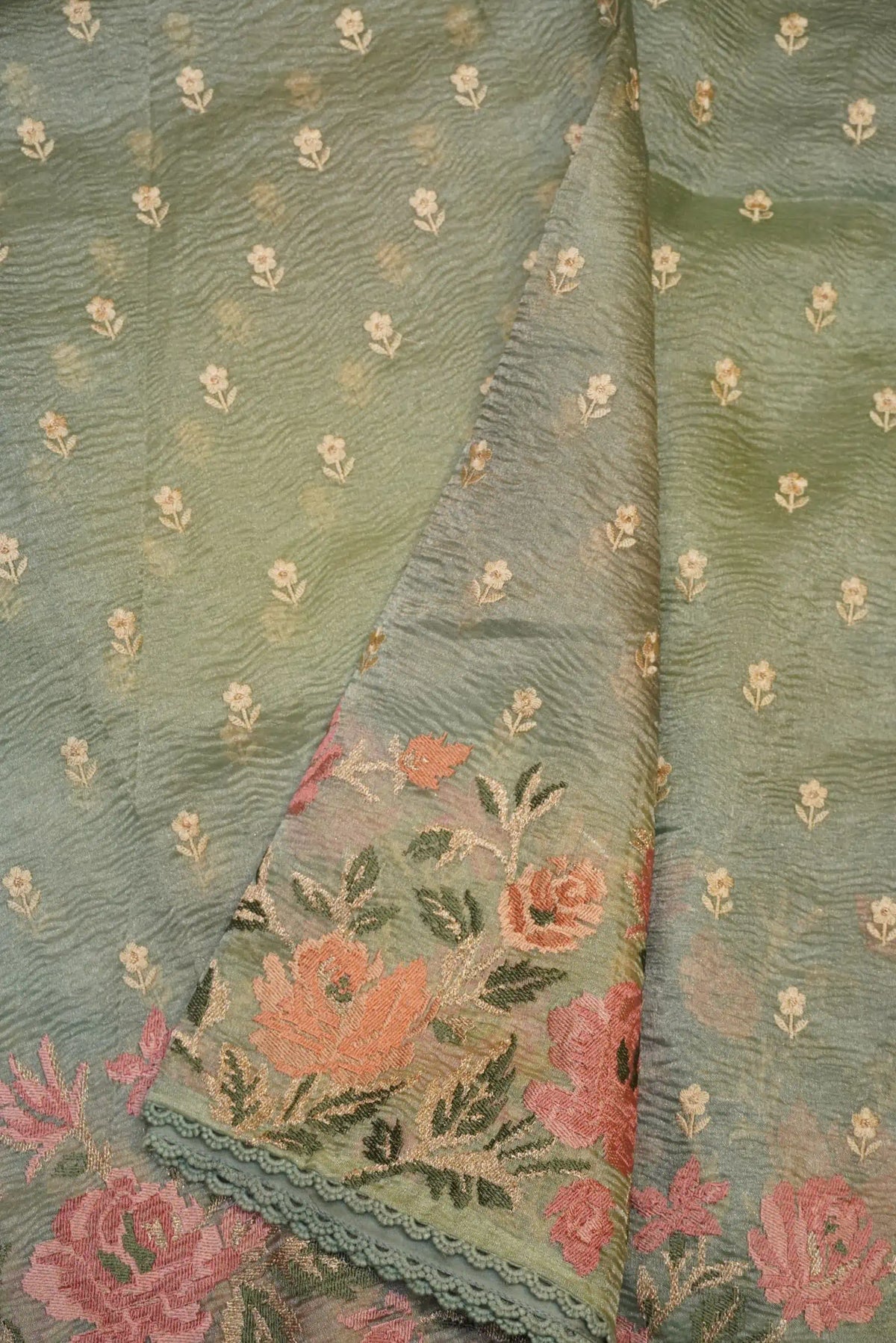 Designer Green Crush Tissue Silk Saree