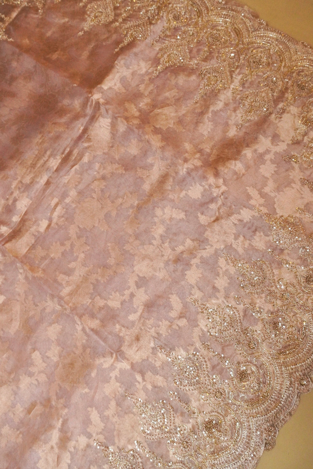 Handowoven Rose Gold Banarasi Kora Silk Saree