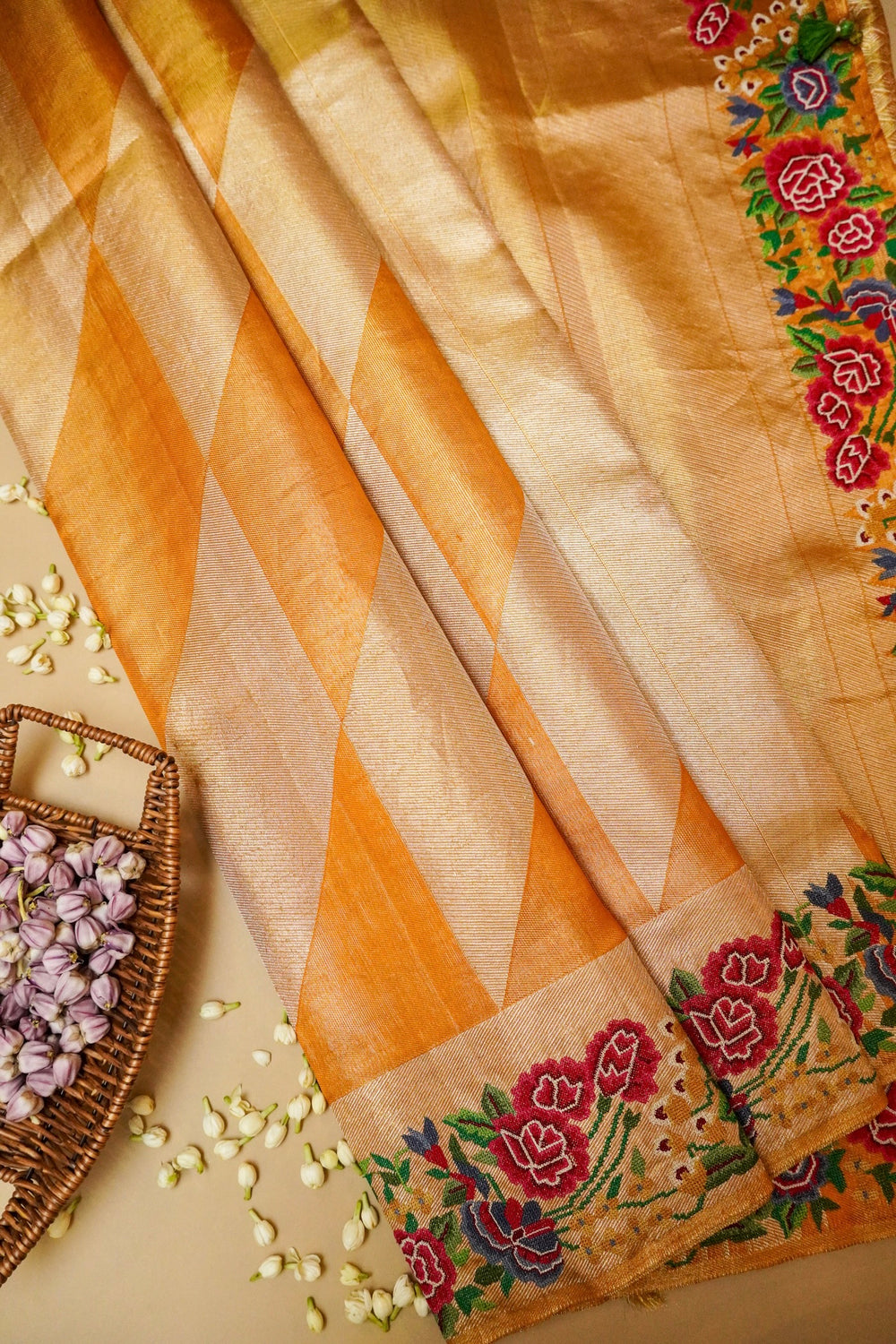 Handowoven Golden Banarasi Tussar Silk Saree