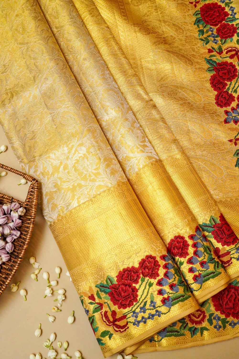 Handowoven Golden Banarasi Kanjivaram Silk Saree