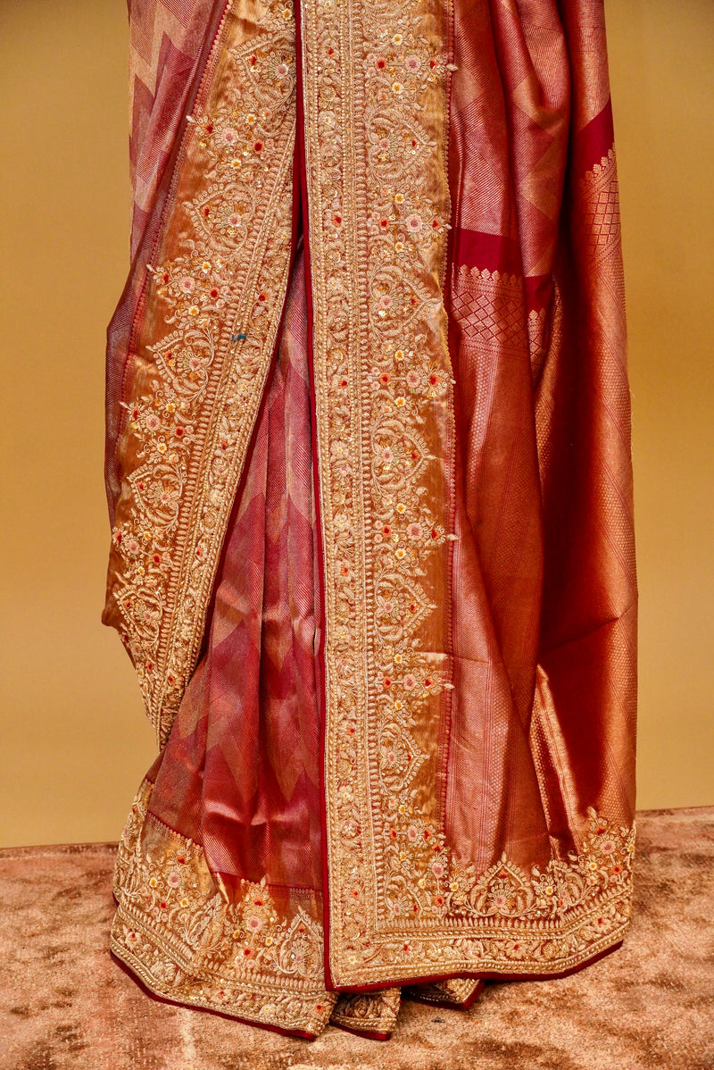 Handwoven Wine Bridal Banarasi Katan Silk Saree