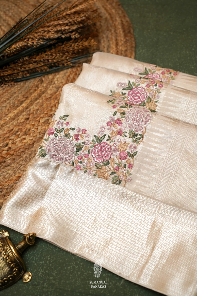 Designer Off White Katan Silk Saree