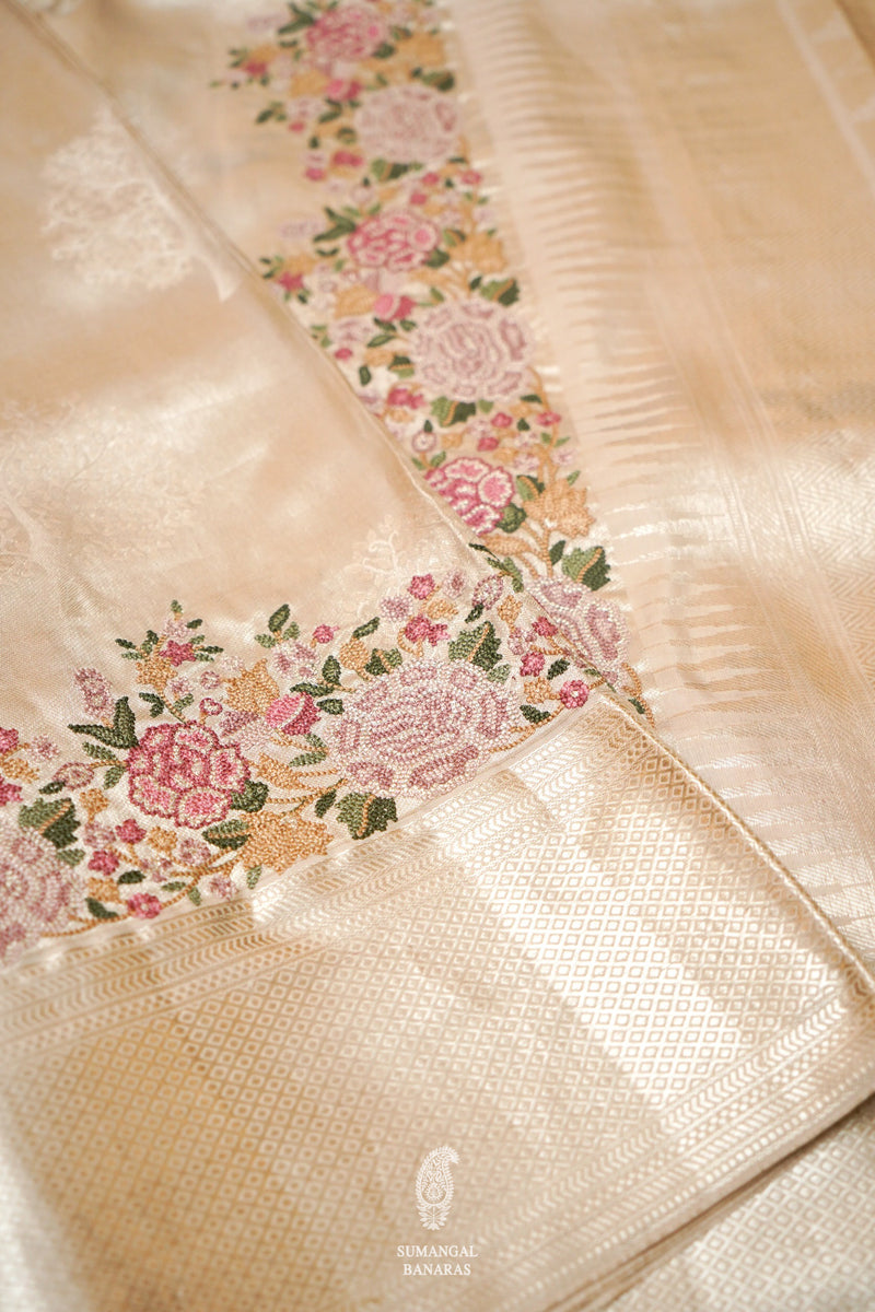 Designer Off White Katan Silk Saree