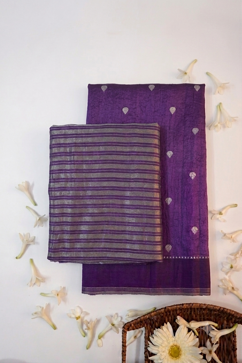 Plum Purple Booti Katan Silk Handwoven Banarasi Suit