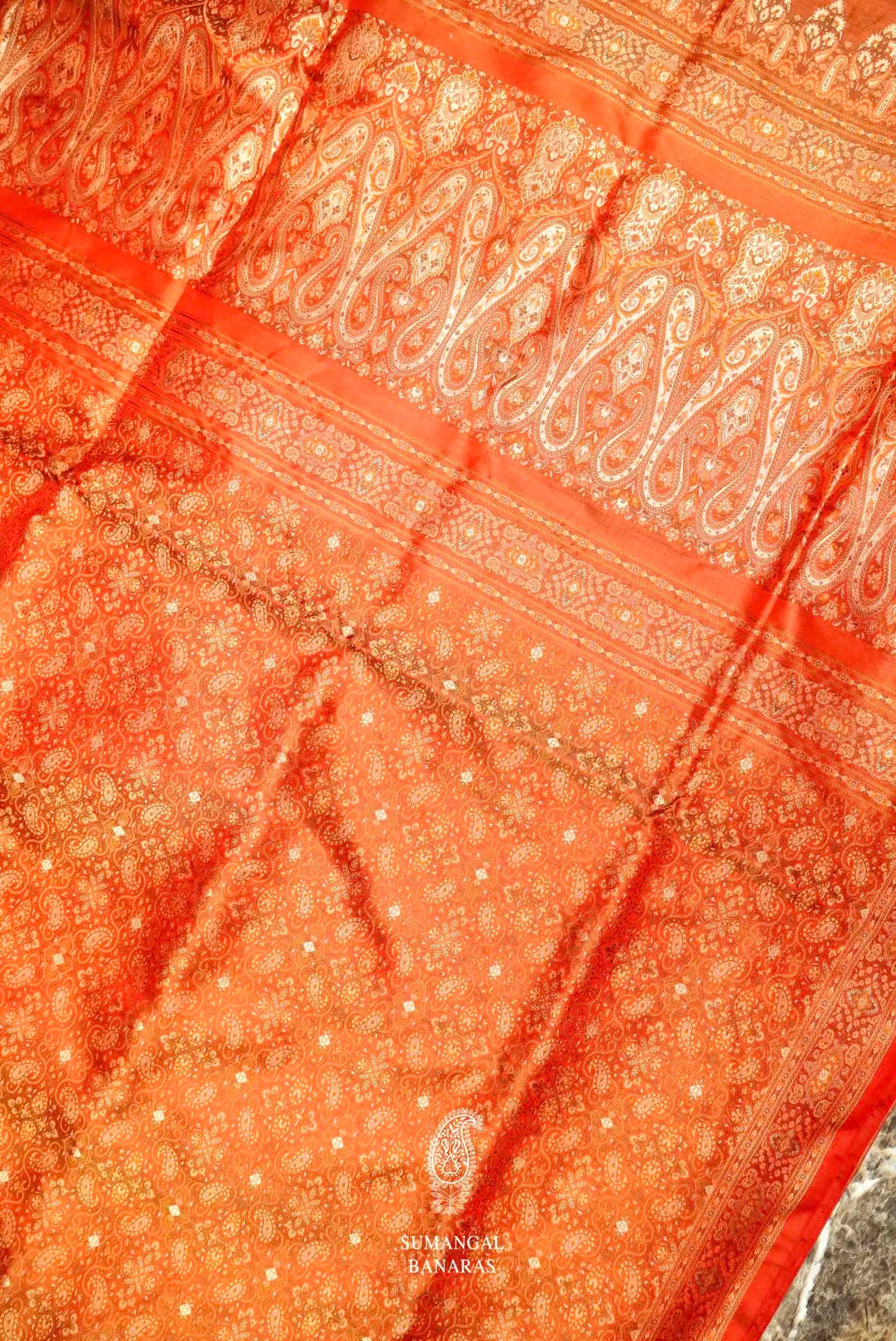 Banarasee Art Silk Saree With Floral Woven Pallu & Border-Orange & Pin