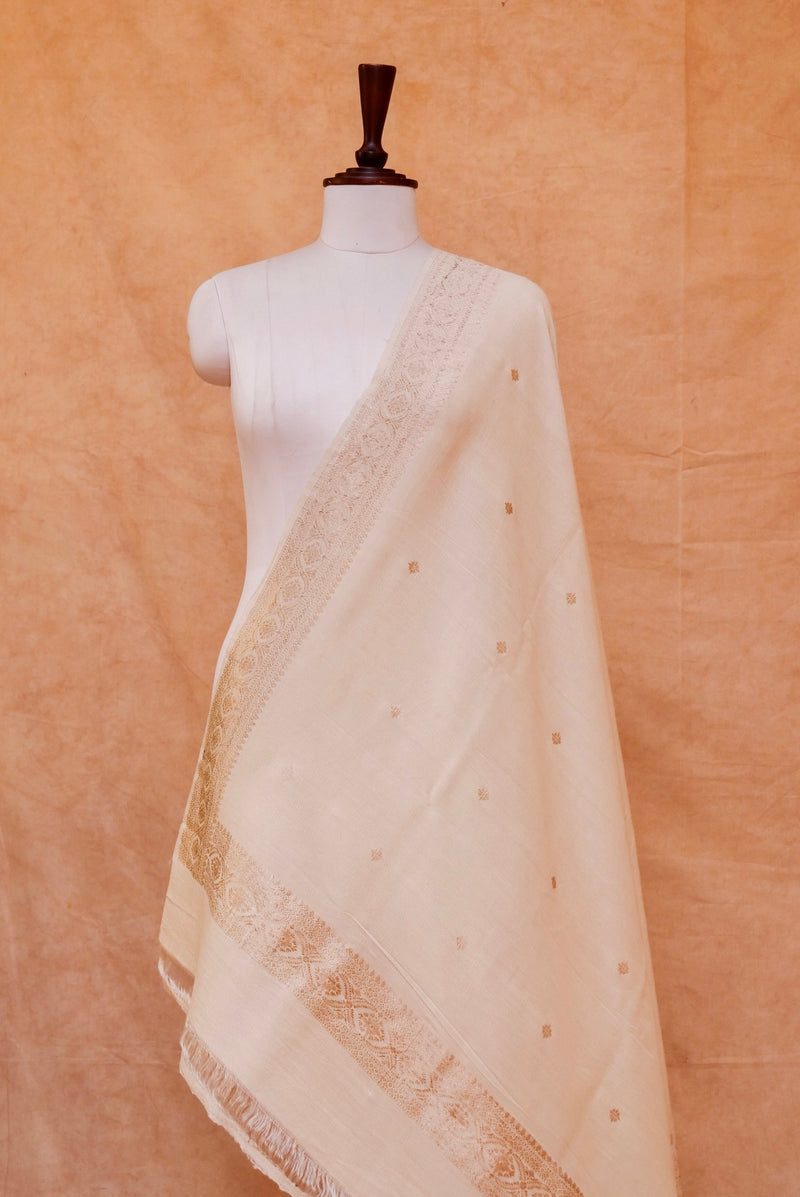 Handwoven Ivory Banarasi Moonga Silk Dupatta