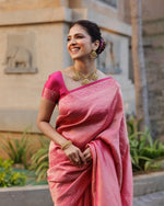 Handwoven Rose Rani Pink Banarasi Pure Mashru Katan Saree