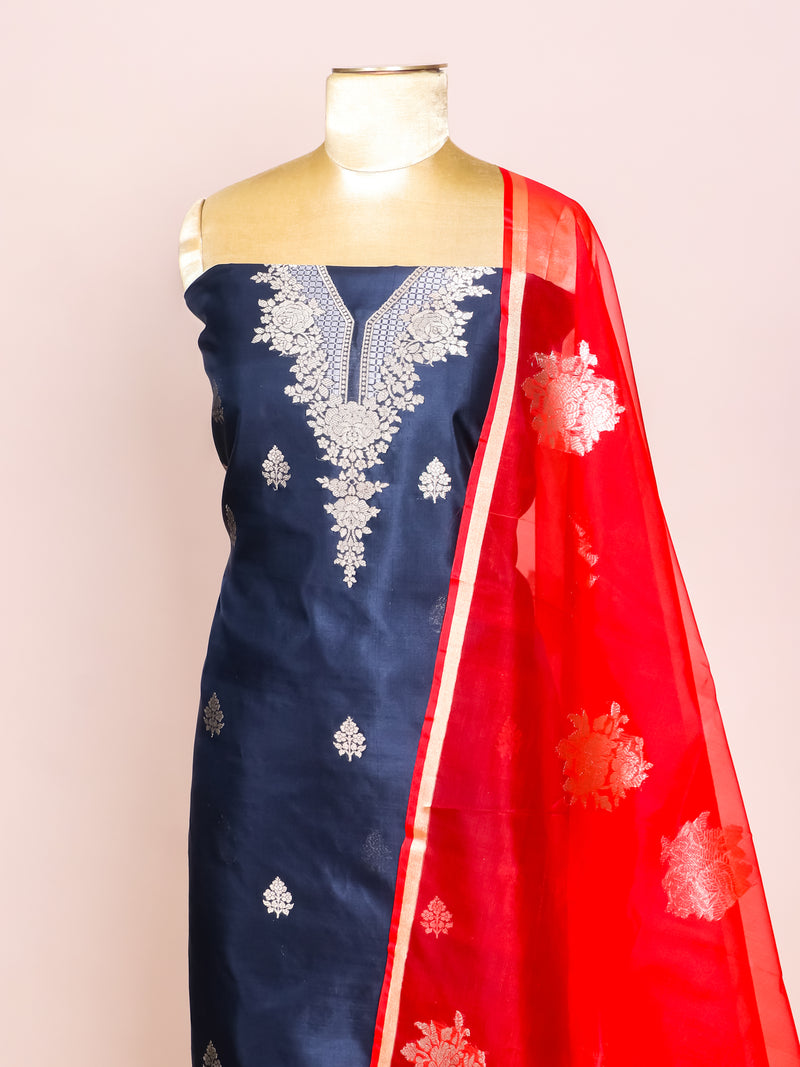 Handwoven Navy Blue Banarasi Katan Silk Suit