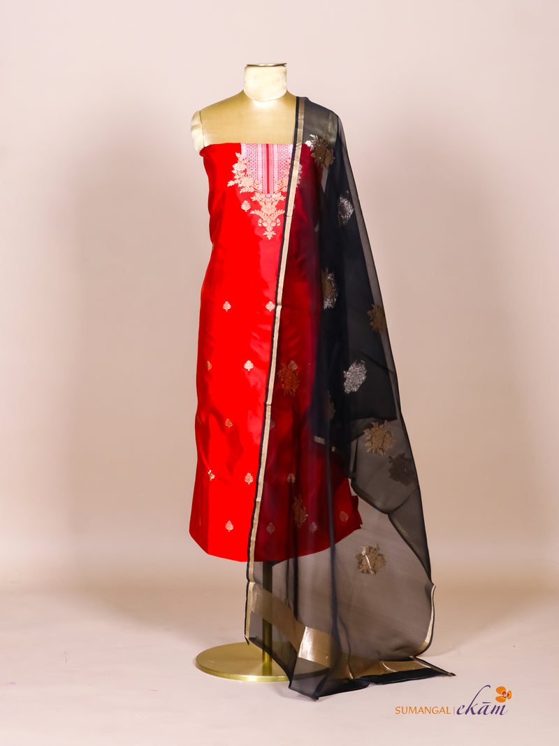 Handwoven Red Banarasi Katan Silk Suit