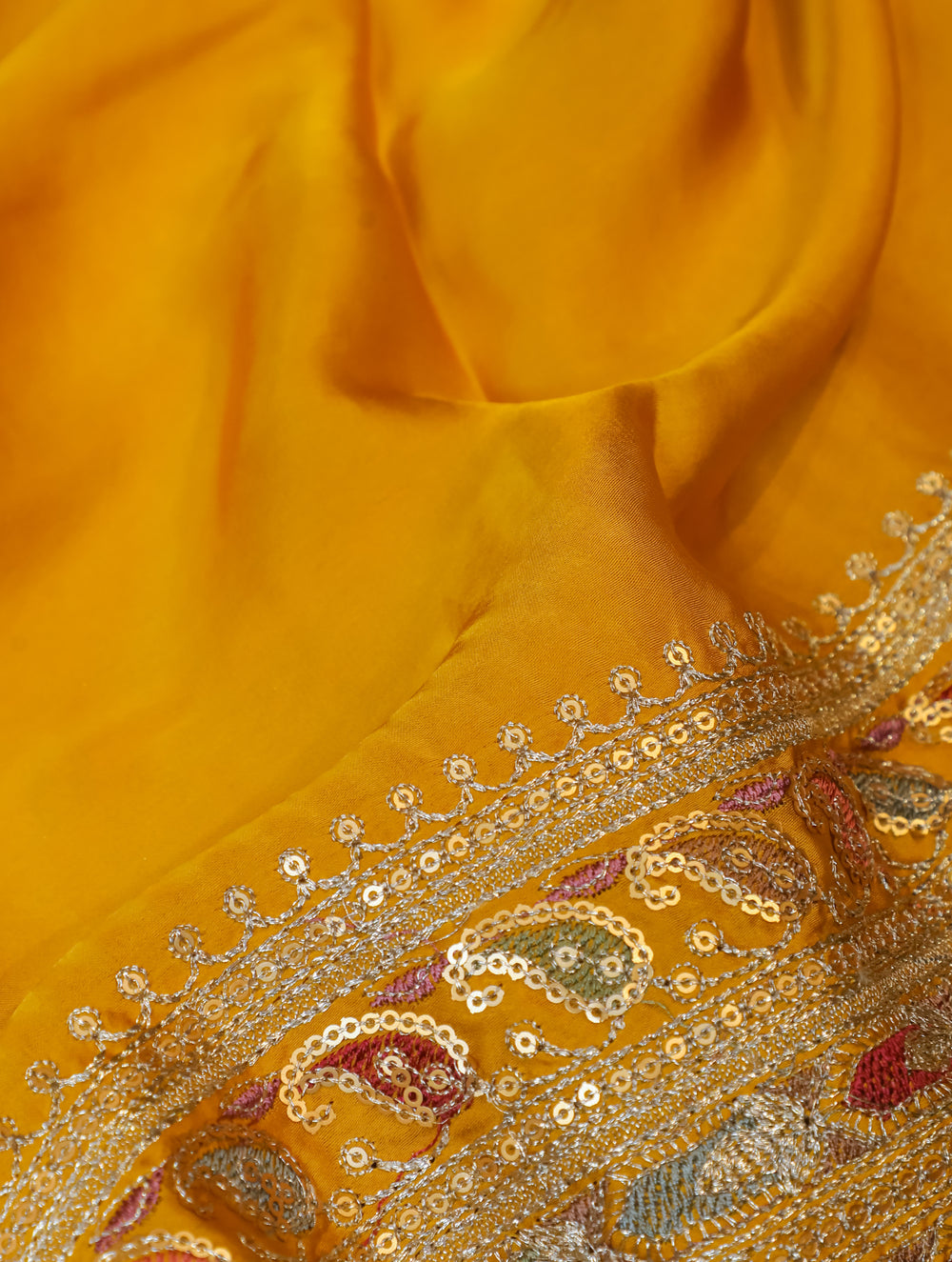 Designer Mustard Yellow Crepe Silk Saree