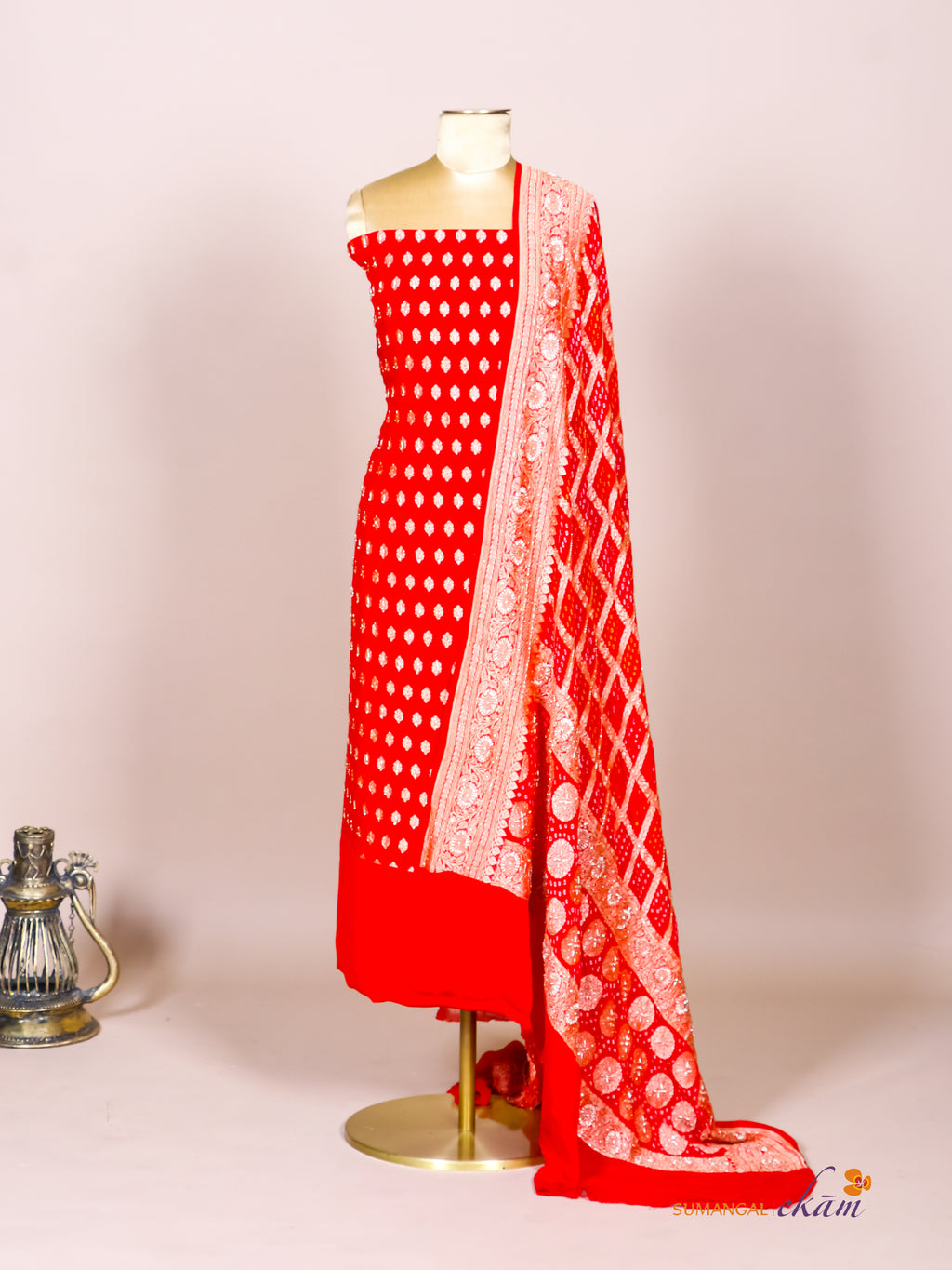 Handwoven Red Banarasi Khaddi Georgette Suit